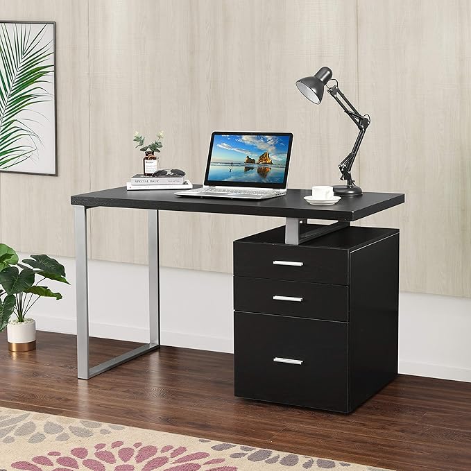 LOKATSE HOME Computer Desk with Drawers File Cabinet-Reversible Set Up Office Writing Study Desks Furniture Silver Metal Frame 47