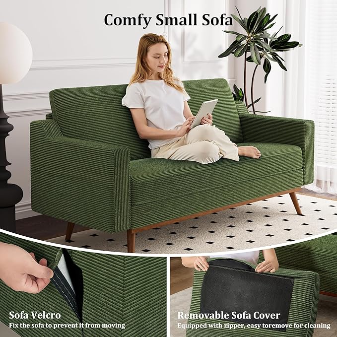 Vipbear 65.4 Loveseat Sofa Green Corduroy Couch Mid-Century Modern Small Couches for Living Room Bedroom Office Comfy Sofa with Spring Cushion Solid Wood Frame Tool-Free Assembly
