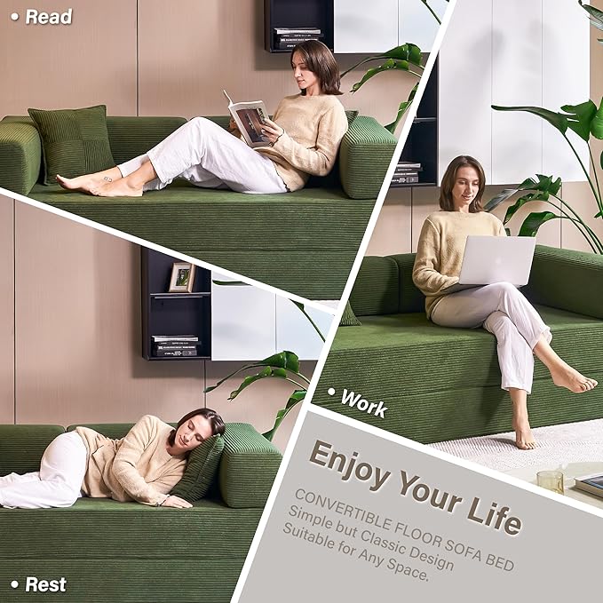 YINIX Foldable Sofa Bed 78'' Folding Floor Couch Compressed Convertable Sleeper Sofa Memory Foam Couch with Pillow Back Support Armrest 4-in-1 Futon Sofa Bed for Living Room Green