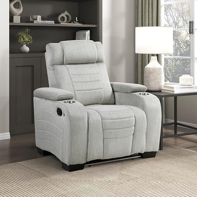 Lexicon Wall Hugger Manual Reclining Chair Microfiber Manual Recliner with Cup Holders/Hidden Arm Storage/LED Base Lighting Home Theater Seating for Living Room Light Gray
