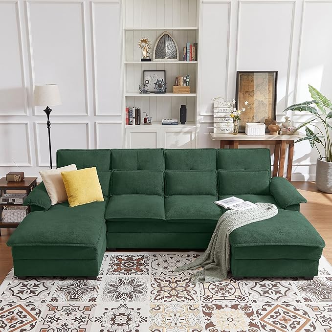 110 Comfy Cloud Couch Sectional Sofa with Lumbar Pillows Modern U-Shaped Cloud Sofa with Double Chaise &amp Deep Seat for Living Room or Office Easy Assembly Dark Green