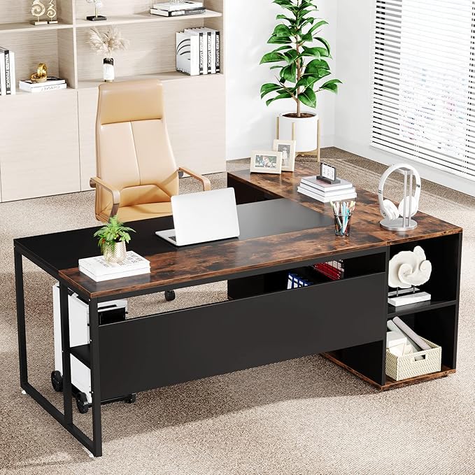 Tribesigns 71 inch Executive Desk L Shaped Desk with Cabinet Storage Executive Office Desk with Shelves Business Furniture Workstation for Home Office Brown and Black