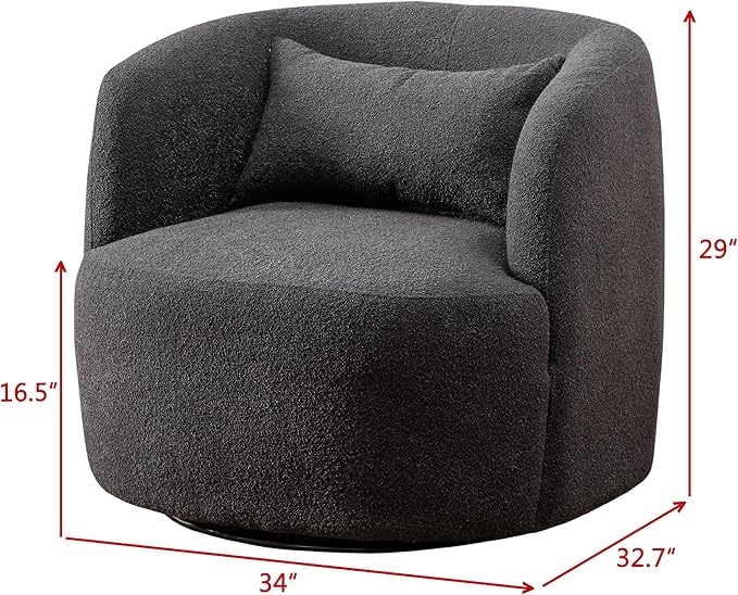 KINWELL 34 Wide Boucle Swivel Barrel Chair No Assembly Round Upholstered Armchair Accent Chair Single Sofa Chair with Toss Pillow for Living Room and Bedroom Dark Grey