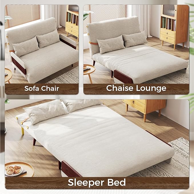 JASIWAY Convertible Sleeper Chair Bed for Adults 3 in 1 Linen Convertable Futon Chair with Pillow Fold Out Single Sleeper Couch Guest Bed for Small Spaces Bedroom Modern with Walnut Arm 43.3 | 5