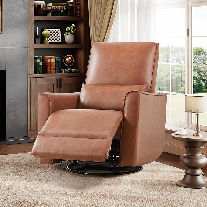 Garvee Swivel Rocking Recliner Chair for Living Room – Deep Seat PU Leather Glider – High Backrest Lumbar Support Padded Armrests – Comfortable Single Sofa for Nursery Bedroom Home Theater