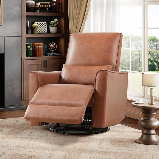 GarveeHome Recliner Chair 360° Swivel Rocker Glider Nursery Chair with Padded Armrest and Deep Seat PU Leather Upholstered Reclining Sofa Chair for Living Room Bedroom and Nursery (Camel)