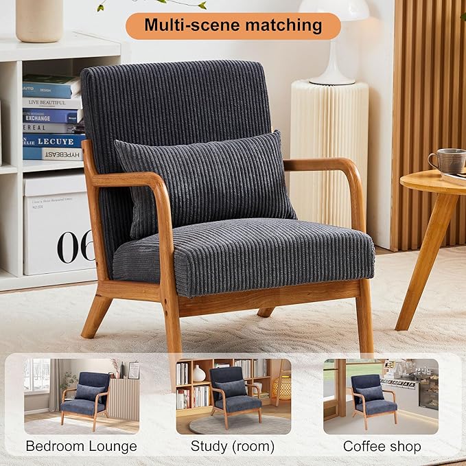 Mid-Century Accent Chair Upholstered Fabric Living Room Chair with Solid Wood Frame Modern Small Side Arm Chairs Comfy Wingback Reading Chair for Bedroom Office (Dark Grey A)