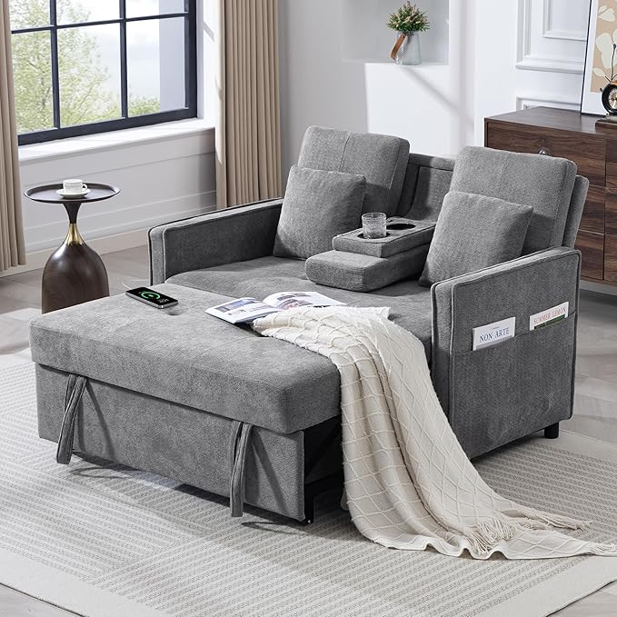 52 Convertible Sofa Bed 3-in-1 Sleeper Sofa with Pull-Out Bed Chenille Couch Folding Loveseat USB Ports &amp Adjustable Backrest Modern Loveseat for Living Room Apartment Grey