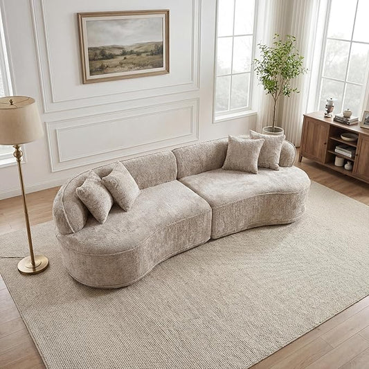 KEIKI 114 Boucle Curved Modular Sectional Sofa with 4 Pillows Upholstered Oversized 4-Seater Boneless Couch with High Resilience Cushion No Assembly Required for Apartment Living Room Camel
