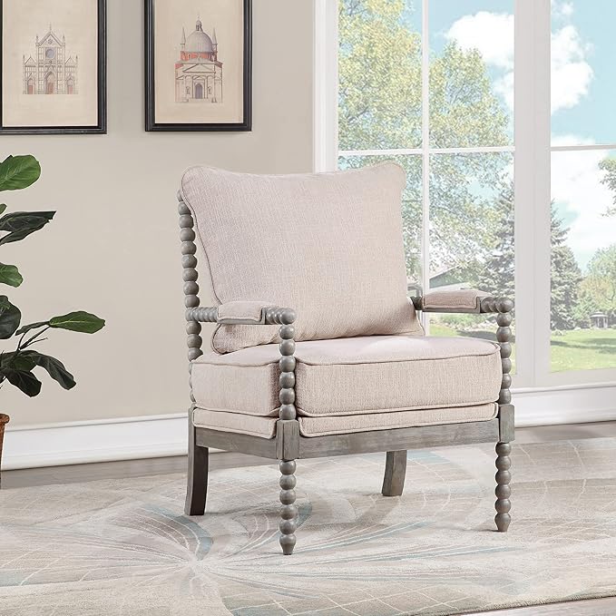 OSP Home Furnishings Abbott Spindle Accent Chair with Padded Spring Seat and Brushed Grey Base Linen Fabric