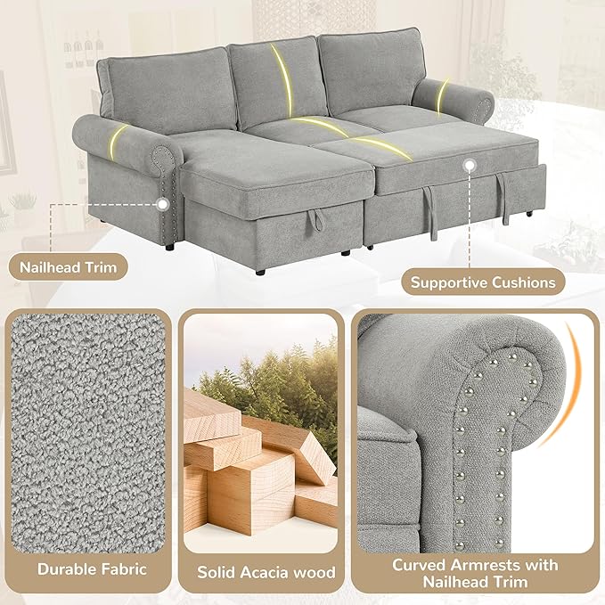 95 Convertible Sofa Bed Sectional Sofa Sleeper with Storage Chaise Pull-Down Backrest with 2 Cup Holders Arc Armrests with Nailhead Trim Polyester Fabric Acacia Wood Frame (Grey-12s)