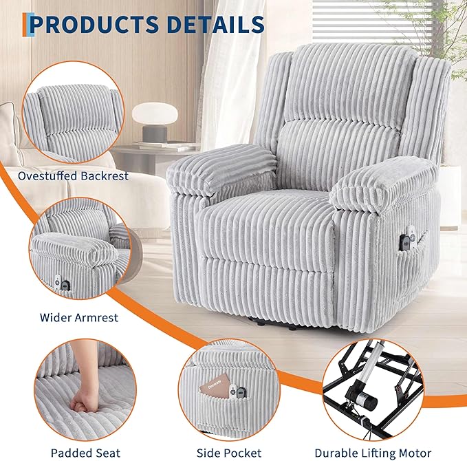 GarveeHome Power Lift Recliner Chair - Heat and Massage Electric Lift Plush Recliner with Soft Padded Seat Back Support &amp Armrests Designed for the Elderly and People with Mobility impaired