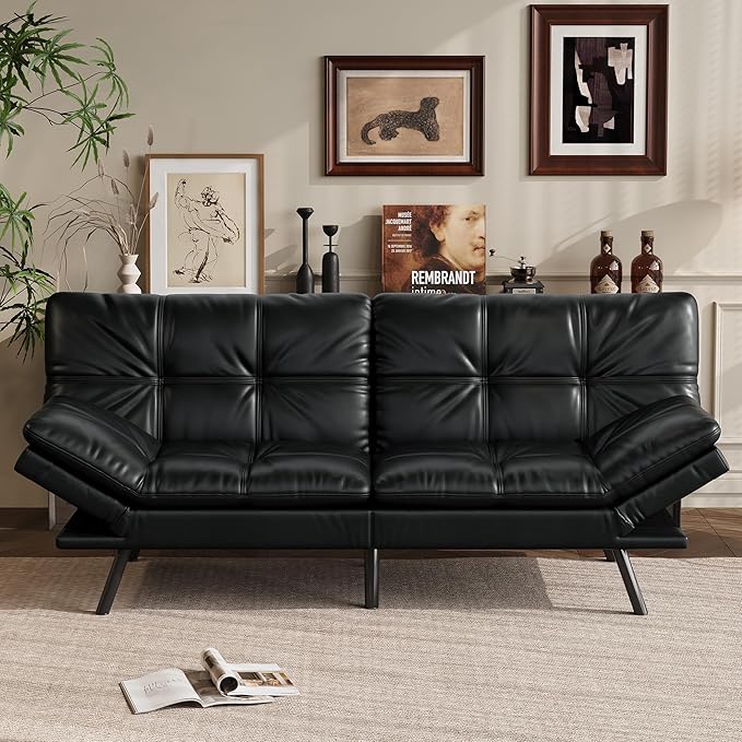 Vyfipt 71 Convertible Futon Sofa Bed3-in-1 Faux Leather Fabric Futon Couch with Memory Foam Modern Foldable Sleeper Loveseat for Small Spaces Living RoomOffice &amp ApartmentBlack
