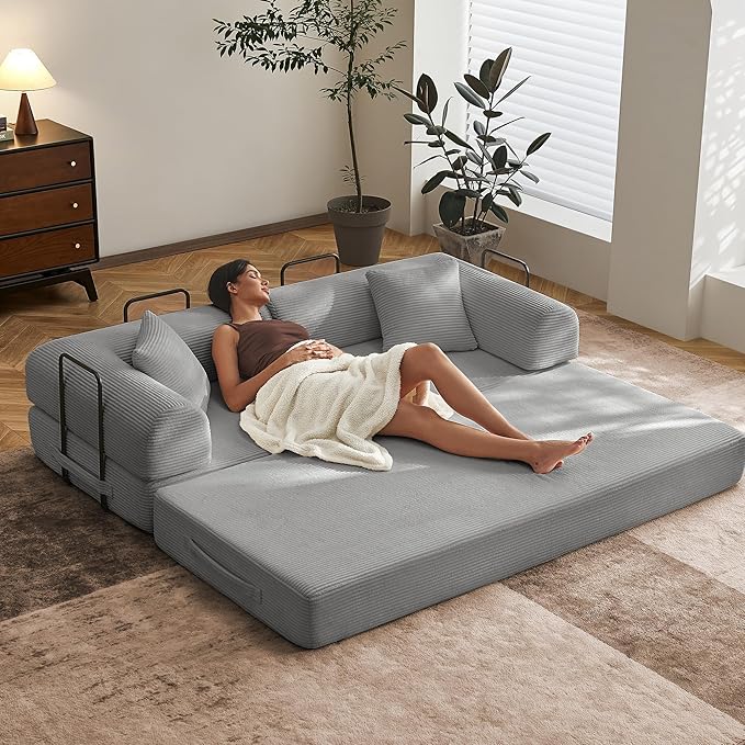 79 Convertible Floor Sofa Bed 5-in-1 Modular Sleeper with Removable Parts No Assembly Corduroy Futon from Sofa to Oversized Bed Non-Slip Base for Living Room Dorm (Light Gray)