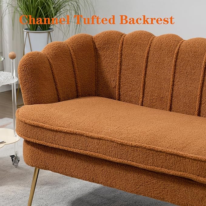 59 Modern Boucle Loveseat Couch Small Sofa with Gold Metal Legs2-Seater Upholstered Mini Sofa Couches for Small SpaceLiving Room Bedroom Office Dorm Studio Apartment (Caramel)