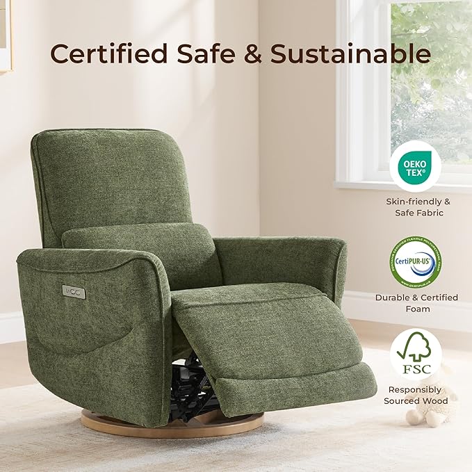 CHITA Power Nursery Rocking Chair Swivel Glider Recliner Chair with Solid Wood Base Bulit-in USB &amp Type-C Charging Ports for Living Room FSC Certified Moss Green