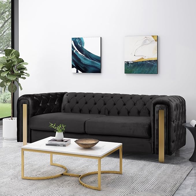 83.75''Velvet Sofa Couch Comfy Couches for Living Room Button Tufted Upholstered Oversized Loveseat Sofa with Gold Iron Legs Modern Deep Seat Furniture for Office Apartment Black