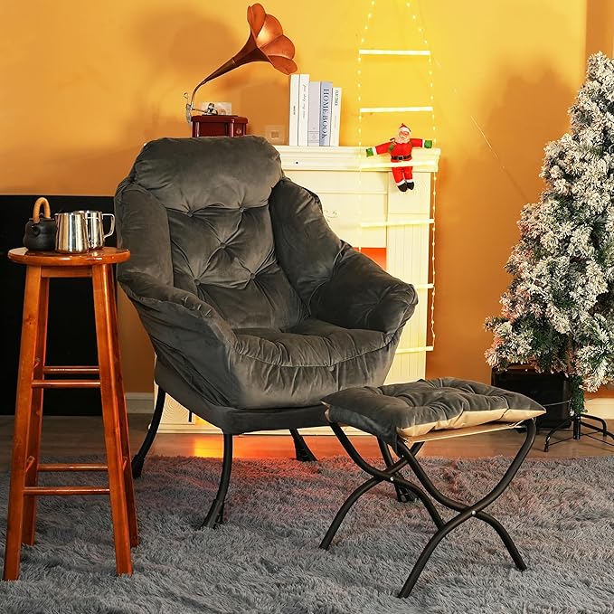 Kokel Lazy Chair with Folding OttomanLiving Room Chairs Accent Contemporary Lounge Chair Single Steel Frame Leisure Sofa Chair with Armrests and A Side Pocket (Dark Gray)