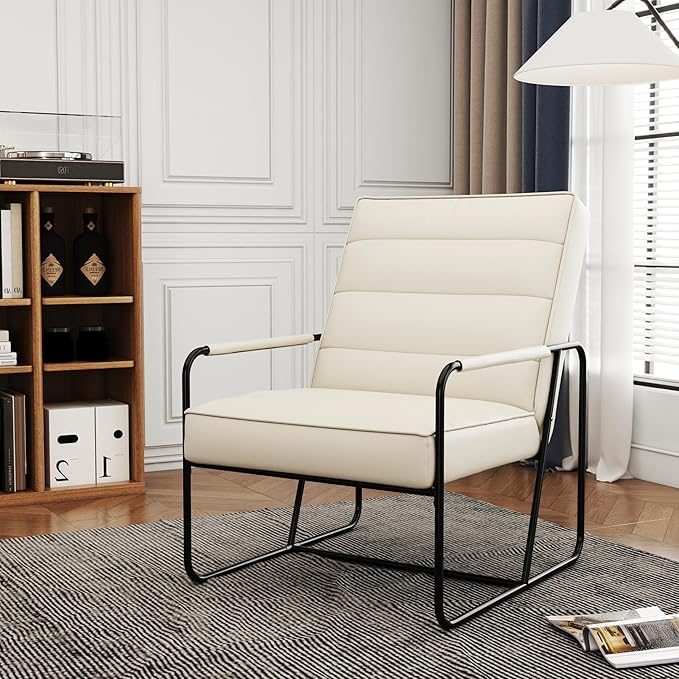 Modern Metal ed Armchair with Beige Technical Leather Stylish Comfortable Indoor Lounge Accent Chair for Living Room OfficeBedroom
