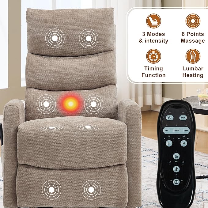 Manual Swivel Rocker Recliner Chair with Vibration Massage Overstuffed Glider Chair with Lumbar Heat for Nursery Living Room Reclining Sofa Chair Chenille Fabric Khaqi