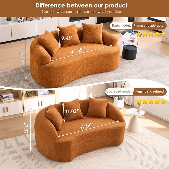 65” Beige Curved Couch&amp Loveseat Sofa with 3 Pillows Compression Couch with Round Armrest Suitable for Small Space Bedroom Living Room Memory Foam Chenille No Assembly (Upgraded Orange)