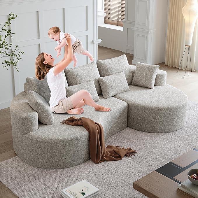 105 Boneless Chenille Upholstered Oversized Sofa Sectional 4-Seater 29.8 Deep Seat Curved Cloud Couch with 7 Pillows Free Combination Sofa Couch for Living Room (Beige 105 Right Lounge)