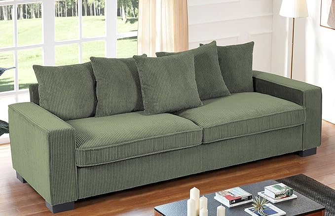 Luxe Corduroy Sofa with 5 Matching Toss Pillows Sleek Design Spacious and Comfortable 3 Seater Couch for Modern Living Room 88 Wide Dark Green