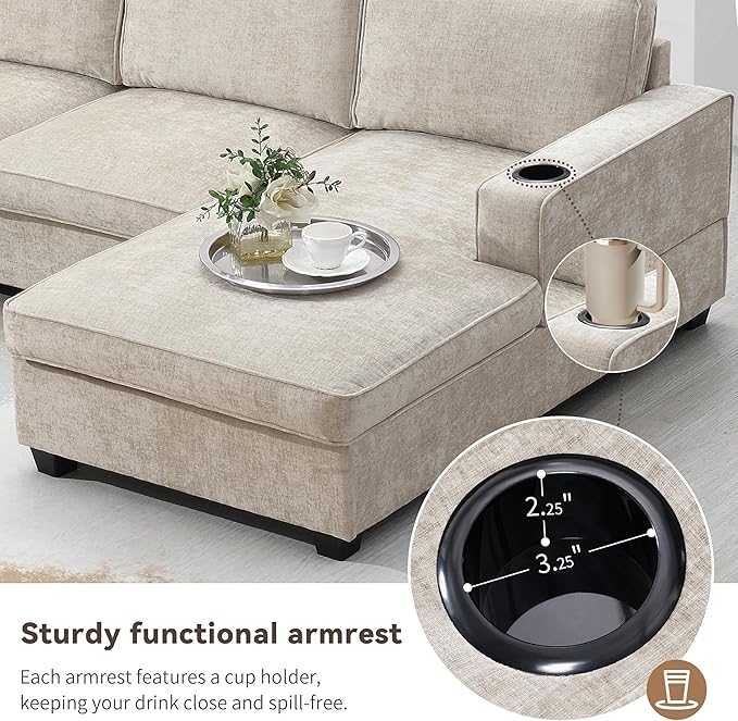 119*67 U Shaped Sectional Sofa6 Seat Chenille Corner Couch Set with Oversized Chaise LoungeIrregular Corner Deep and Wide Seat Comfy Sofa with Cup Holders for Living RoomApartment (Beige-V33)