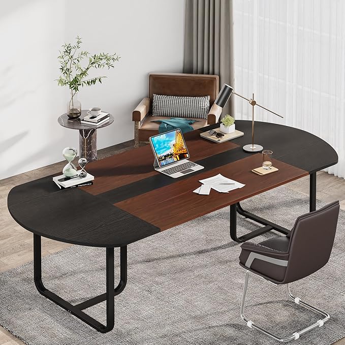 Tribesigns 70.86'' Modern Oval Executive Computer Desk with Two-Tone Finish Splicing Board Large Double Desk for Workstation Curved Home Office Desks for 2 Person (Walnut+Black)