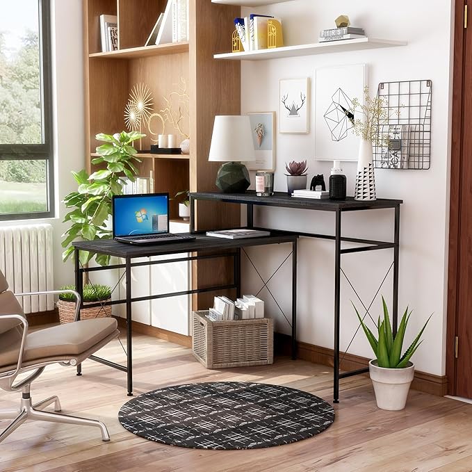 HOMES: Inside + Out Roncaster Industrial L-Shaped Metal 51 in. Writing Desk with USB Port and Electrical Outlet for Home Office Study Room Gray and Black