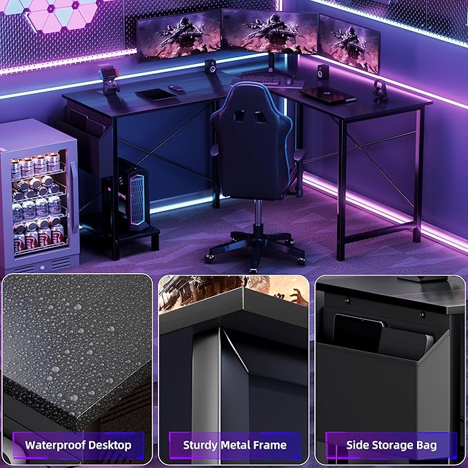YSSOA 50 L Shaped Gaming Desk with Reversible Corner - Home Office Computer Desk with Wood Top Metal Frame CPU Stand &amp Storage Bag for Small Space Gaming Room Black