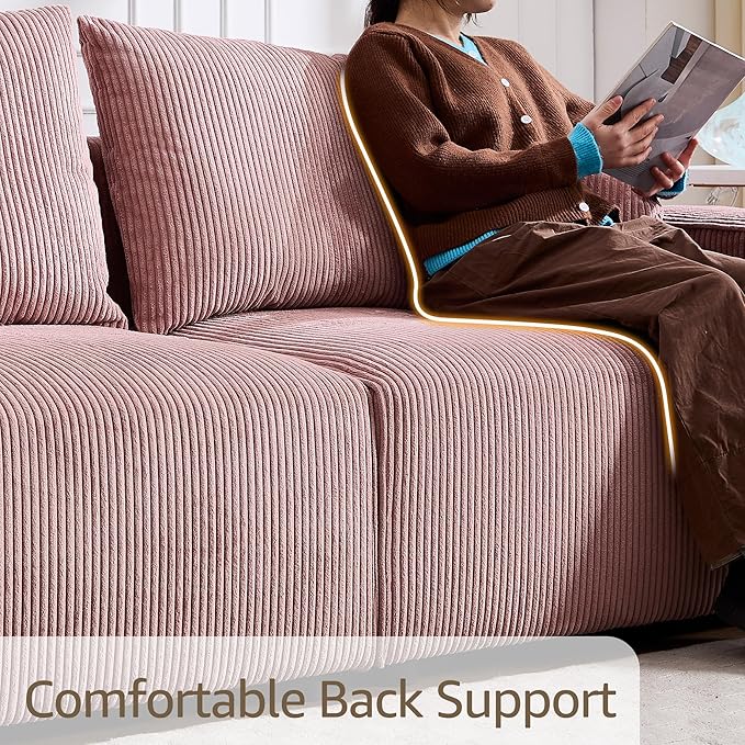 Modern Corduroy Sofa 88.5 inch Wide Living Room Couch with Wide Arms 3-Seater Living Room Couch with Throw Pillows Pink
