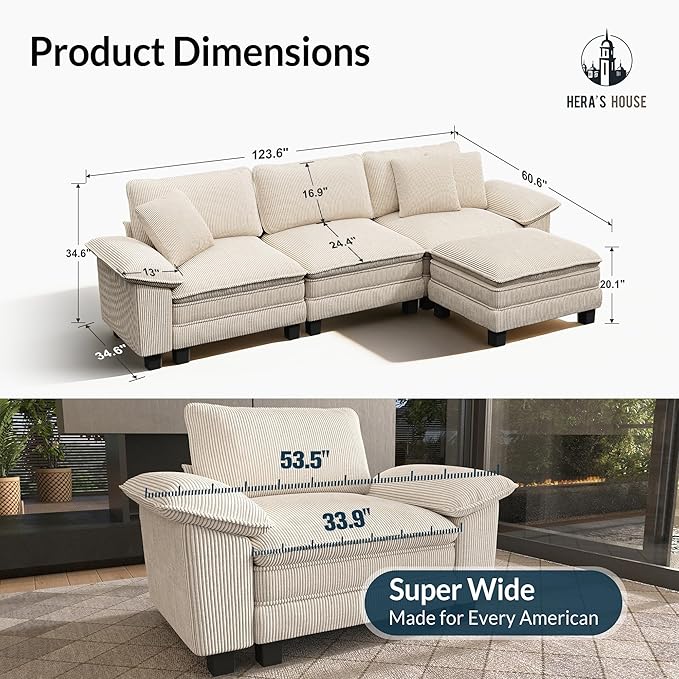 HERA'S HOUSE 124 Modular Sectional Sofa Oversized L Shaped Couches for Living Room Comfy Cloud Couch with Ottoman 4-Seater Deep Seat Sofa with Throw Pillow Corduroy Beige