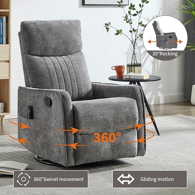 360°Rotating Heated Massage Chair with 8 Vibrating nodesComfortable Rocking Chaise Lounge with Black Metal Base Single Sofa for Living RoomBedroomOfficeDark Gray Chenille