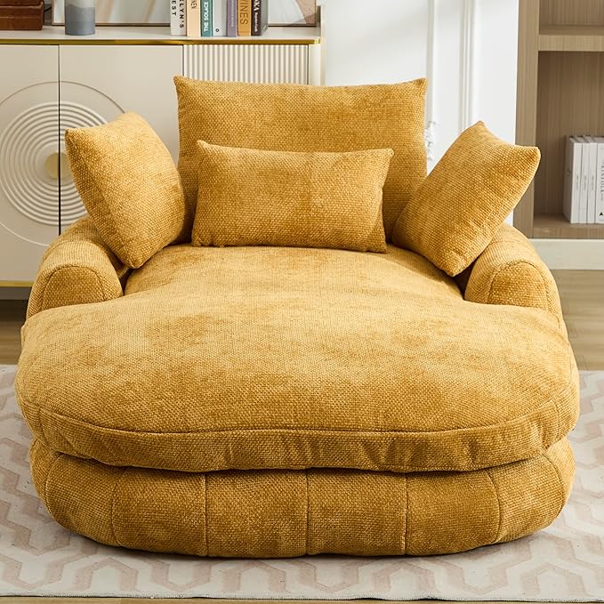Oversized Chaise Lounge Indoor Deep Seat Boneless Sofa Bed with Throw Pillows Plush Chenille Fabric No Assembly Required Comfy Sleeper Sofa for Living Room Bedroom (YELLOW Without pocket)
