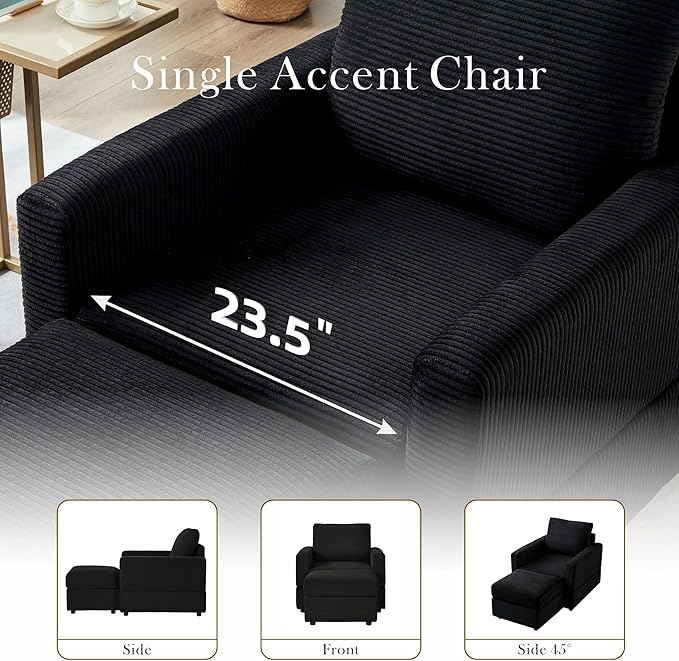 Aoiy &amp Wifon Accent Chair with Ottoman Upholstered Reading Chair with Ottoman Comfy Armchair with Wooden Legs Corduroy Black