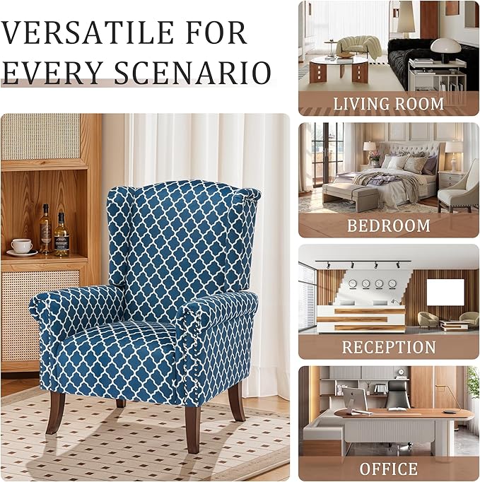 Modern Plaid Accent Chair Mid-Century Upholstered Wingback Armchair Club Sofa Chair with Wooden Legs Living Room Chair for Bedroom Balcony Lounge (Blue Check)