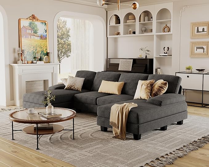 Furmax Sectional Couches for Living Room U-Shaped Sofa Couch with Linen Fabric 4 Seat Sofa Set with Double Chaise for Apartment (Corduroy Dark Grey)