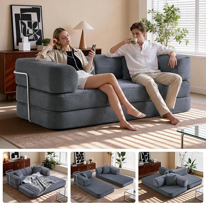 5-in-1 Convertible Sofa Bed Boneless Floor Couch Queen Size with Magic Pillow Blankets Zero-Assembly Sleeper Futon for Apartments Renters &amp Micro-Living Spaces Grey