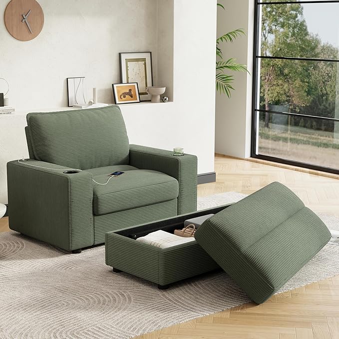 42.8 Oversized Chaise Lounge Chair with Storage Ottoman Corduroy Sofa Bed with Cup Holders &amp USB Charging Port Upholstered Sleeper Chair for Living Room Bedroom Green