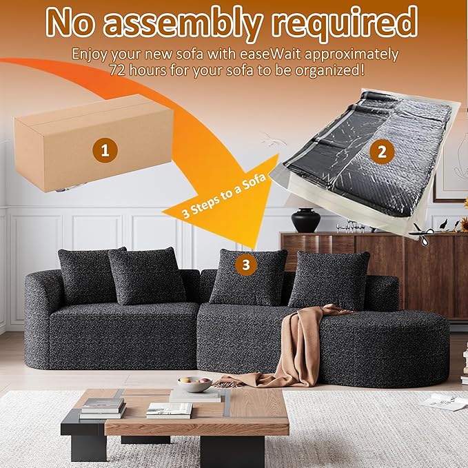 112 Modern Cloud Sectional Sofa Chenille 4-Seater Curved Couch with 4 Pillows Extra Deep &amp Wide Seat No-Assembly Compressed Upholstered Living Room Sofa for BedroomApartmentBlack Left