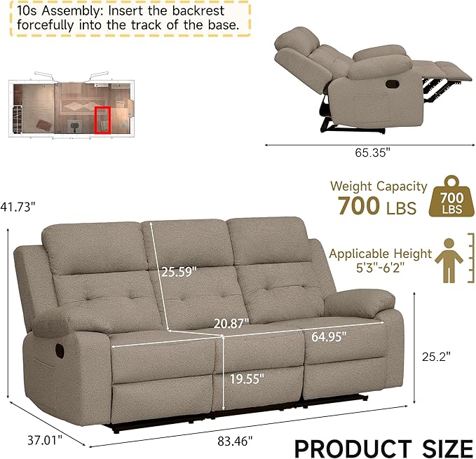 Reclining Love Seat Recliner Sofa Reclining Couch Sofa for Living Room 3-Seater Manual Lazyboy Recliner for BedroomRV(3 Seater Sofa Brown)