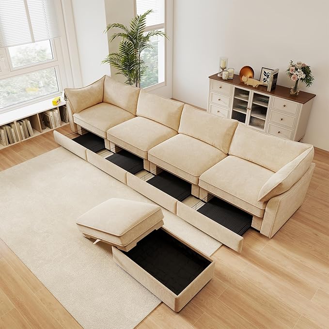 Aoowow Modular Sectional Sofa with Pullout Storage Seat 146.4” L-Shaped Chenille 4-Seat Sofa Couch with Storage Ottoman Upholstered Deep Couches for Living Room Apartment OfficeWheat