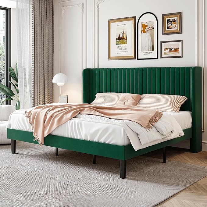 SHA CERLIN King Size Velvet Bed Frame with Vertical Channel Tufted Wingback Headboard Upholstered Platform Bed with Wood Slats No Box Spring Needed Easy Assembly Green
