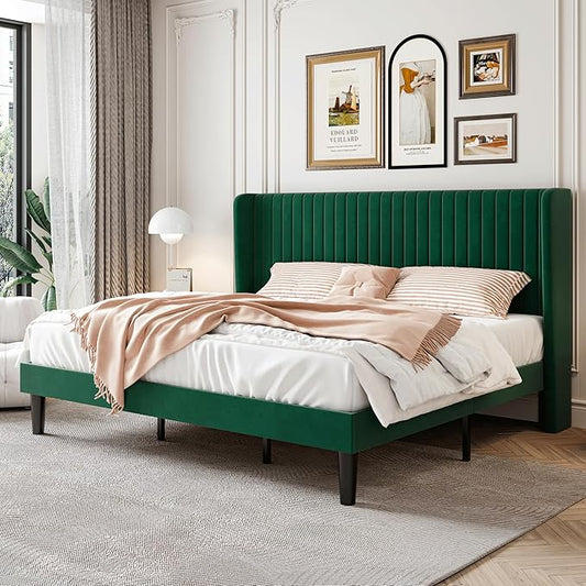 SHA CERLIN King Size Velvet Bed Frame with Vertical Channel Tufted Wingback Headboard Upholstered Platform Bed with Wood Slats No Box Spring Needed Easy Assembly Green