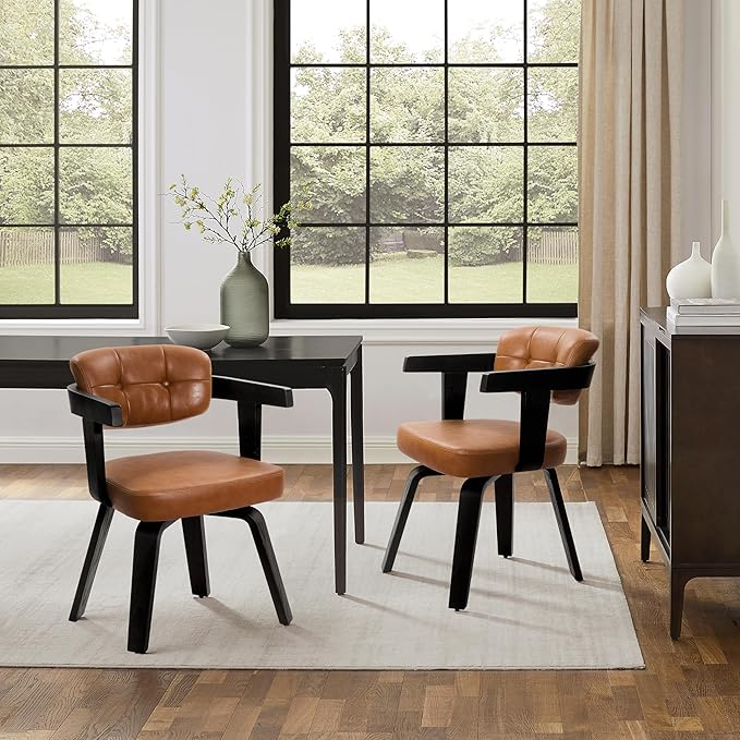 Art Leon Modern Dining Chairs - Set of 2 Mid Century Dining Chairs Faux Leather Upholstered Swivel Dining Chair Comfy Desk Chair No Wheels Accent Arm Chairs for Kitchen Living Room Study Brown