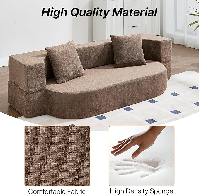 Folding Sofa Bed Convertible Futon Sleeper Bed 2-in-1 Foldable Floor Mattress with 2 Pillows Breathable High-Density Foam Lazy Couch Comfy Lounge Chair Brown
