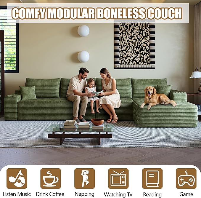 135.4 Boneless Couches for Living Room Modular Sectional Sofa with Oversized Chaise L-Shape Cloud Couch with Deep Seat High-Density Memory Foam No Assembly Required (Green Right Facing Chaise)