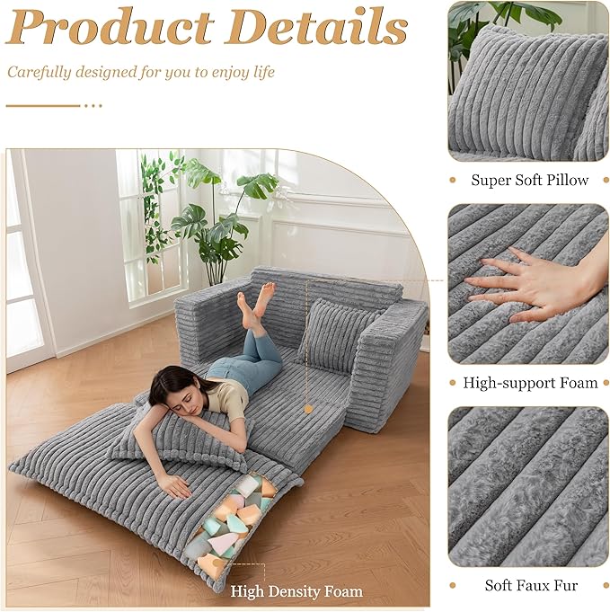 YOSHOOT Loveseat Sleeper Sofa Convertible Sofa Bed Couch Futon Couches for Living Room 3-in-1 Pull Out Floor Couch with Cushion and Pillows Dark Grey