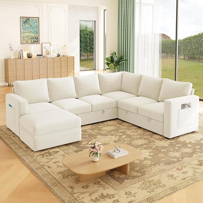 106.7 Sectional Sleeper Sofa with Pull Out Couch Modern 7 Seat U Shaped Modular Couch Sectionals Modular Sofa with Storage Comfy Sectional Couches for Living Room &amp Apartment Light Beige